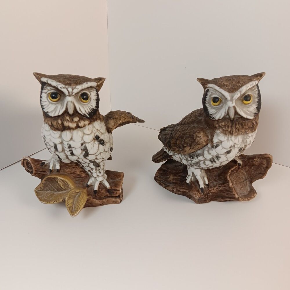 Vintage Homco Ceramic Owl Figurines -#1114- Original Stamp and Sticker -Set of 2